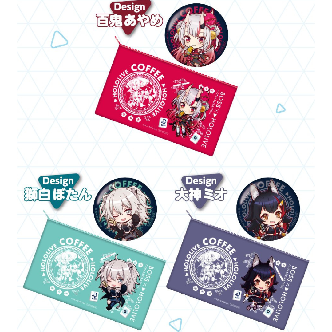 「現貨」hololive x BOSS 襟章&小袋套裝 (百鬼あやめ/大神ミオ/獅白ぼたん)